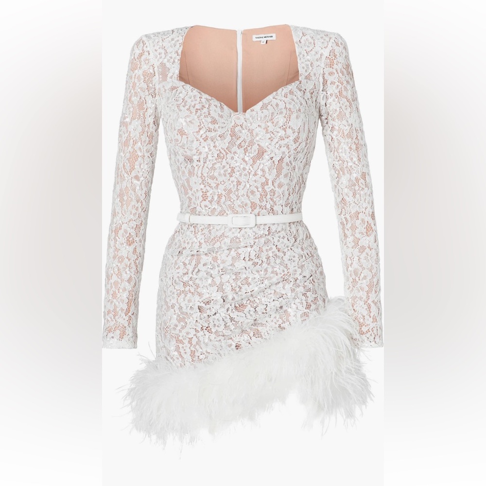 Nadine Merabi Carly Sequin Lace Feather Trim Long Sleeve Minidress